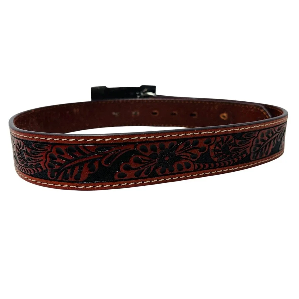 3D Belt Youth 26 Brown Tooled Leather Praying Cowboy Buckle Western Rodeo Faith